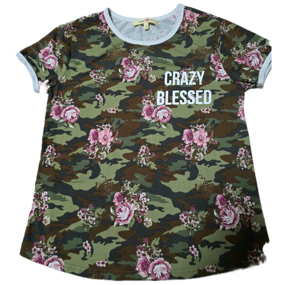Wishful‎ Park Camouflage Floral Crazy Blessed T-Shirt Top (B)